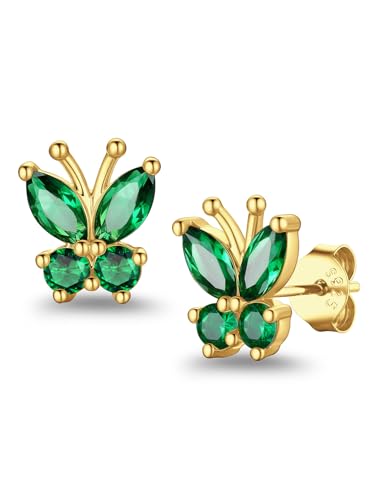Suplight Butterfly Stud Earrings 925 Sterling Silver 14K Gold Brithstone Earrings for Women Brithstone Jewelry Gifts - color: 05.May( Emerald), size: Gold