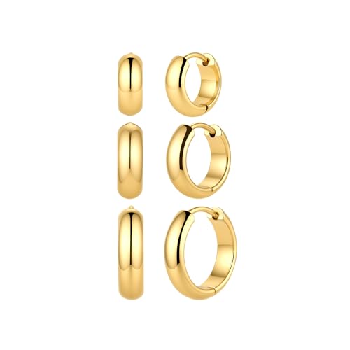 316L Surgical Stainless Steel 3Pairs 14K Gold Plated Hoop Earrings Set for Women Chunky Earring Hypoallergenic Small Huggie Hoops Lightweight Trendy Hoop Earrings Stacks for Multiple Piercing