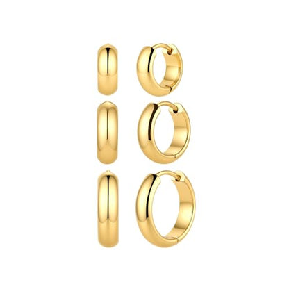 316L Surgical Stainless Steel 3Pairs 14K Gold Plated Hoop Earrings Set for Women Chunky Earring Hypoallergenic Small Huggie Hoops Lightweight Trendy Hoop Earrings Stacks for Multiple Piercing