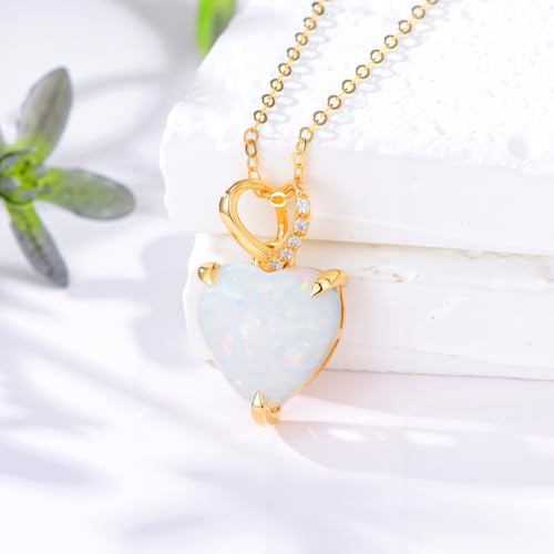 14K Gold Love Heart Necklace with Diamond for Women 4 Carat Heart Shaped Opal Pendant Necklace Dainty Jewelry Gift for Christmas Valentine's Day