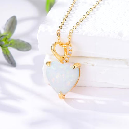 14K Gold Love Heart Necklace with Diamond for Women 4 Carat Heart Shaped Opal Pendant Necklace Dainty Jewelry Gift for Christmas Valentine's Day