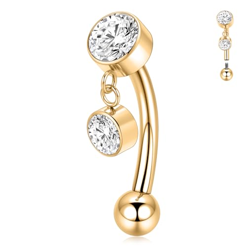 PEAKLINK G23 Titanium Belly Button Ring 14G Belly Piercing Jewelry Belly Barbell Navel Ring Navel Barbell Stud 8mm 10mm 12mm - color: Style1:Gold with Clear CZ