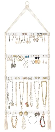 Mkono Hanging Jewelry Organizer Macrame Necklace Holder Wall Mounted Jewelry Hanger Earring Holder Organizer Boho Decor Over Door Jewelry Display Necklace Rack for Necklaces Bracelets Earrings