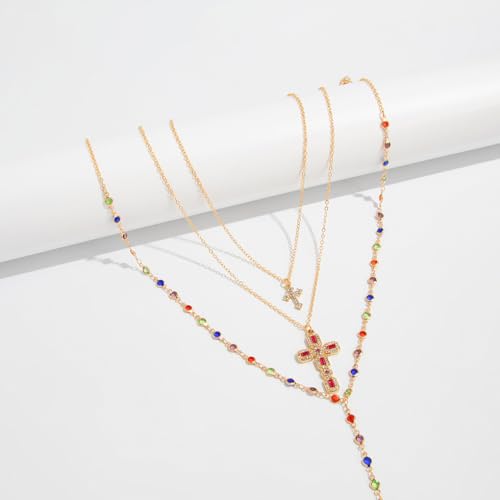 GIGB PBDK Gold Cross Layered Necklaces for Women,Long Colorful Crystal Drop Necklace Unique Big Crucifix Necklace Set,Aesthetic Religious Jewelry Accessories - color: Gold2