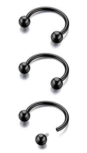 G23 Titanium 14/16/18/20G Septum Rings Horseshoe Nose Ring Jewelry | 2/3Pcs Circular Barbell Spike Lip Body Piercing Jewelry Conch Helix Tragus Earring Silver/Black 8/10/12mm 14K Gold Plated - color: Black-3pcs, size: Balls-3pcs-18g-10mm