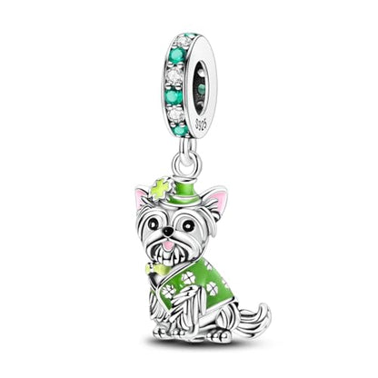 Hapour 925 Sterling Silver Charm for Bracelet Necklace Women Pendant Beads | Virgin Mary Charm, Religious Cross Heart Dragon European Jewelry Mom Charm - color: Green Dog wearing a four-leaf clover hat