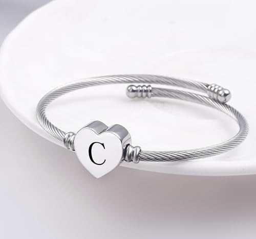 MUERDOU Initial Bracelet for Women Alphabet 26 Letters Bracelet Heart Cable Charm Bracelets Gifts for Her - style: C