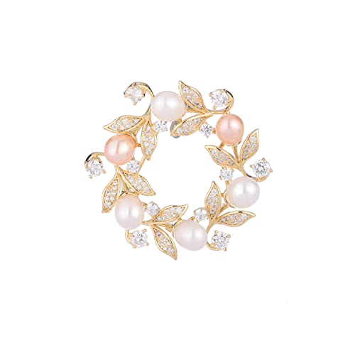 14K Gold Floral Wreath Brooch with Lustrous Pearls, Crystal-Embedded Vine Design, Premium Jewelry Accessory for Coats & Special Outfits, Elegant Gift for Women - color: Style 3,pink and white,five pearls