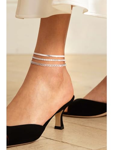 Dainty Ankle Bracelets for Women Waterproof | Layered Gold Plated Tennis Cuban Snake Rope Paperclip Beaded Link Chains Set, Summer Beach Jewelry Gift - color: Silver Anklet A
