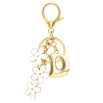 Floral Series Initial Bag Charm, Cute Flower & Bubble Letter Purse Charms, Keychain Accessories Gift for Women - color: White Flower, style: D