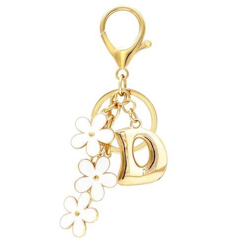Floral Series Initial Bag Charm, Cute Flower & Bubble Letter Purse Charms, Keychain Accessories Gift for Women - color: White Flower, style: D