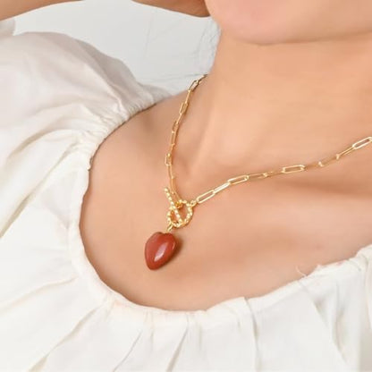 Gempires Gemstone Heart Pendant Necklace for Women, Gold Toggle Birthstone | Handmade gemstone heart pendant necklace — choose from 11 stones and birthstones, gold toggle paperclip chain. - color: Red Jasper