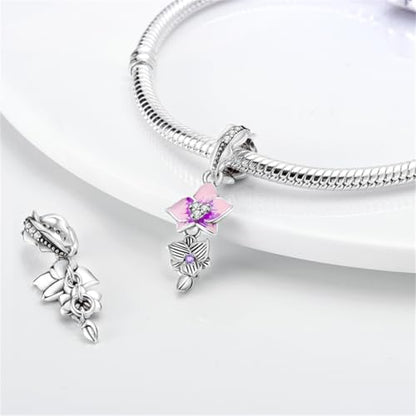 925 Silver Charm for Bracelets Animal Pet Insect Series Women Jewelry Gift - color: Pink flowers