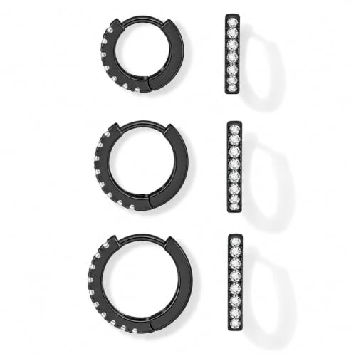 micuco 3 Pairs Small Hoop Earrings Tiny Cartilage Earrings for Women Men | Cubic Zirconia Earrings Huggie Hoop Ear Piercing Earrings for 8mm 10mm 12mm - color: 8# Black 8-10-12mm