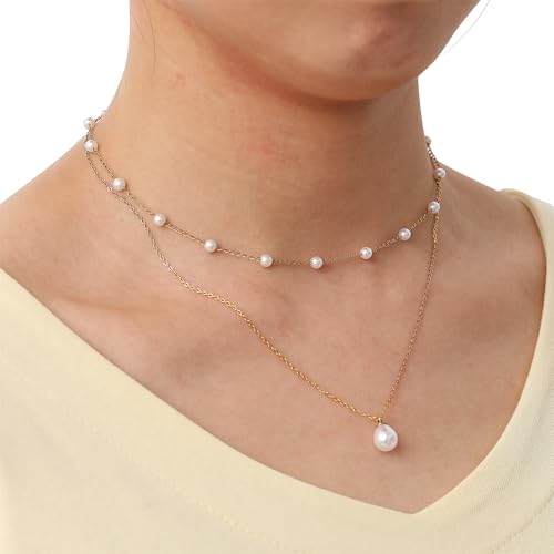 Dainty Pearl Necklace for Women Gold Plated Bridal Wedding Jewelry Trendy Cute Lariat Pearl Pendant Drop Charm Choker Stackable Necklace Gift for Women Mom Sister Daughter - color: J.2pcs
