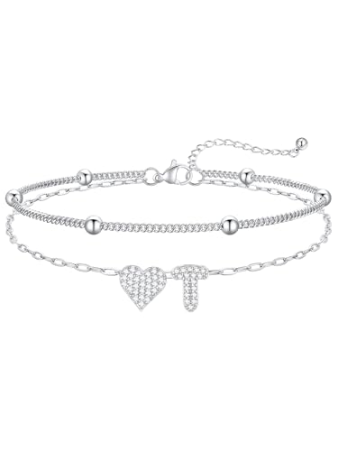 FaithHeart Initial Ankle Bracelets for Women Waterproof, Silver/Black/14k Gold Plated CZ Heart Initial Anklets Non Tarnish Stainless Steel Anklets for Women - color: Silver, size: T