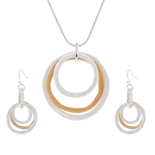 3 Circles Silver Hoop Earrings Necklace Set for Women Geometric Jewelry Set | 925 Silver Hypoallergenic Small Hoop Circle Geometry Textured Finish Minimalist Style Comfortable Wear - style: Gold Hammered Hoop