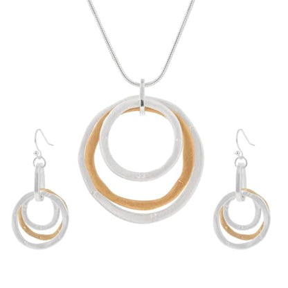 3 Circles Silver Hoop Earrings Necklace Set for Women Geometric Jewelry Set | 925 Silver Hypoallergenic Small Hoop Circle Geometry Textured Finish Minimalist Style Comfortable Wear - style: Gold Hammered Hoop