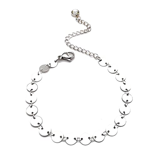 Dainty Bracelets for Women Paperclip Chain Bangles Handmade Tiny Cute Oval and Round Beaded Bracelet 316L Stainless Steel Jewelry Gift for Best Friend - style: Coin Chain Silver