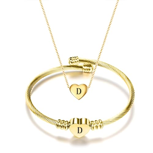 MYNENEY Necklace and Bracelet for Women Stainless Steel Initial Jewelry Set - color: Gold-D