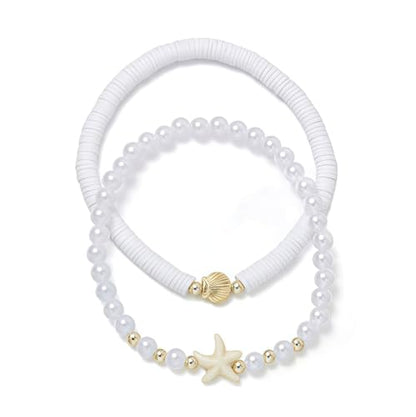 Faux Pearl Beaded Anklet Boho Starfish Soft Pottery Elastic Ankle Bracelets for Women Hawaiian Beach Vacation Surfing Ornament for Daughter Summer Waterproof Stretchy Stackable Anklet Gift 2PCS