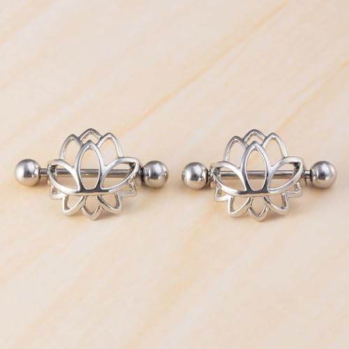 14G Stainless Steel Lotus Nipple Rings for Women Silver Black Colorful Flower Floral Nipple Shield Ring Straight Bar Nipplerings Nipple Barbell Body Piercing Jewelry - color: Silver