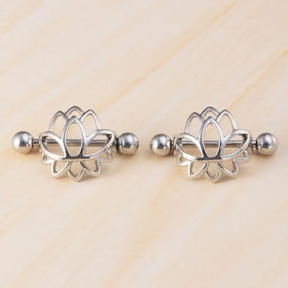 14G Stainless Steel Lotus Nipple Rings for Women Silver Black Colorful Flower Floral Nipple Shield Ring Straight Bar Nipplerings Nipple Barbell Body Piercing Jewelry - color: Silver