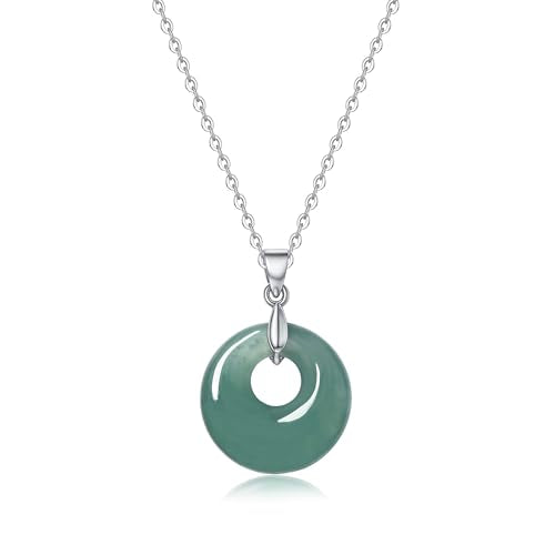 Real Green Jade Pendant Necklace for Women Donut/Heart/Clover/Teardrop/Rose/Lotus Flowers Genuine Jadeite Jewelry with Gold Plated 925 Sterling Silver Chain - style: Small Round Silver Necklace