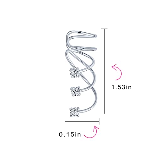 Triple Spiral CZ Curved Crawlers Wire Cubic Zirconia Cartilage Ear Cuff Pin Earring For Women Teen .925 Sterling Silver