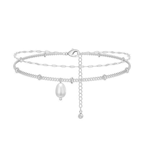 Bheop Ankle Bracelets for Women 14K Gold Silver Plated Waterproof Anklets | Evil Eye Pearl Heart Conch Shell Charm, Boho Adjustable Foot Chain, Dainty Summer Beach Jewelry Gifts, Non Tarnish - color: SL-Lips/Pearl