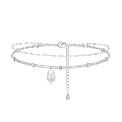 Bheop Ankle Bracelets for Women 14K Gold Silver Plated Waterproof Anklets | Evil Eye Pearl Heart Conch Shell Charm, Boho Adjustable Foot Chain, Dainty Summer Beach Jewelry Gifts, Non Tarnish - color: SL-Lips/Pearl