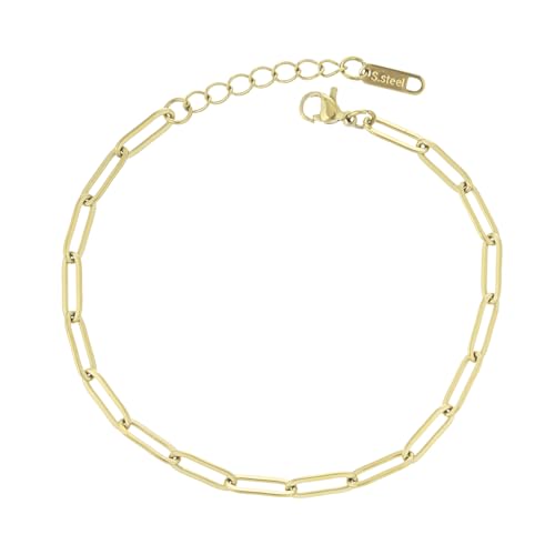 kelistom 14K Gold Filled Stainless Steel Paperclip Chain Bracelet for Women, 7.5” Rectangle Link Bracelets, Waterproof and Never Tarnish - color: 14K gold-4mm+extender