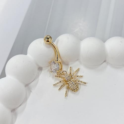 14G Crystal Spider Dangle Belly Button Ring for Women Men Stainless Steel Cubic Zirconia Statement Goth Insect Charm Navel Rings Curved Barbell Simple Sexy Halloween Body Piercing Jewelry - color: Gold
