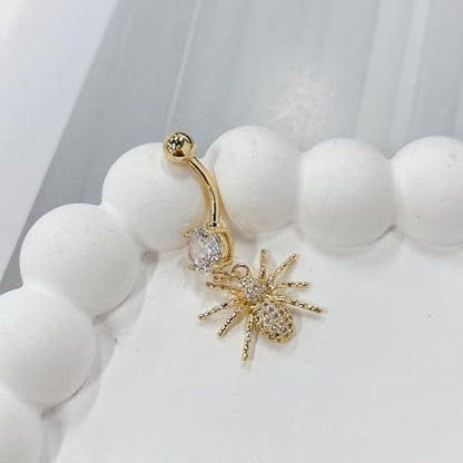 14G Crystal Spider Dangle Belly Button Ring for Women Men Stainless Steel Cubic Zirconia Statement Goth Insect Charm Navel Rings Curved Barbell Simple Sexy Halloween Body Piercing Jewelry - color: Gold