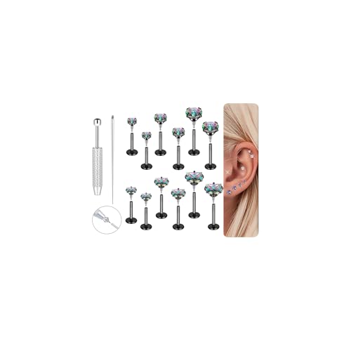 18G 16G Hypoallergenic Surgical Stainless Steel Internal Thread Tragus Labret Cartilage CZ Stud Piercing Jewelry Helix Cartilage Conch Nose Lip Labret Medusa Piercingenic Be Equipped With Piercing Ball Grabber Tool Flat Back Stud Earrings for Women Men -
