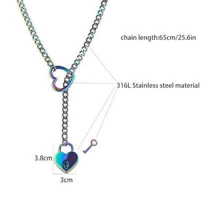 MIFYNN Heart O ring Slip Chain Necklaces for Women Stainless Steel Cuban Chain Bar Necklace Punk Rock Collar Necklace Handmade Adjustable Lariat Y Necklaces for Men - color: Multicolor lock