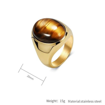 PAURO Men's Stainless Steel Oval Gemstone Signet Rings Minimalist Polish Plain Wedding Band - color: Gold Plated Brown