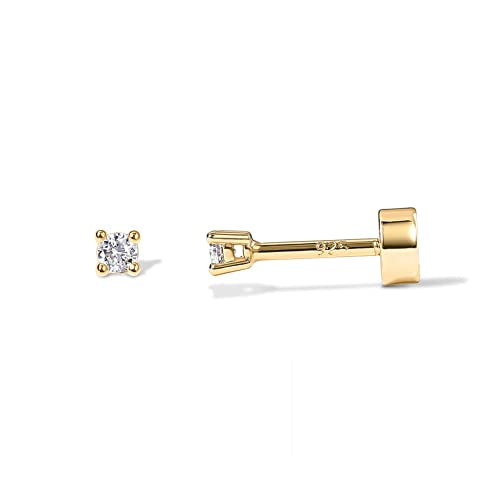 PAVOI 14K Gold Plated Solid 925 Sterling Silver Post Cubic Zirconia Stud Flat Back Earrings for Women | Cartilage Earring | Helix Piercing Jewelry | Small Stud Earrings for Women - color: Yellow Gold, size: 2mm