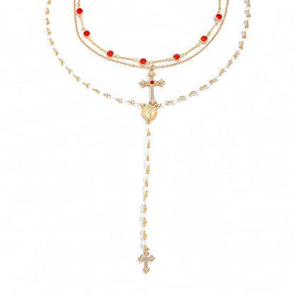 Layered Necklace for Women, Cross Pendant Y Necklace Set, 18K Gold Plated Dainty Stackable Jewelry Gift for Everyday Wear - style: 3PCS - A