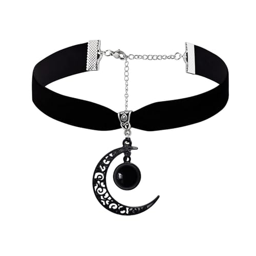 Gothic Black Velvet Goth Choker Necklace for Women,Cameo Black Choker Crow Skull Pendant Necklace Vintage Collar Skull Necklace Gothic Jewelry - style: Black moon