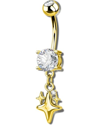 OUFER 14G Star Silver Gold Dangle Belly Button Ring 316L Surgical Stainless Steel CZ 10mm Bar Length Navel Piercing Jewelry for Women - color: Gold
