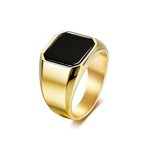 Kemstone Square Signet Ring for Men,Stainless Steel Lapis Lazuli Black Stone Flat Top Geometric Face Silver Gold - color: Gold (Black stone), size: 11#