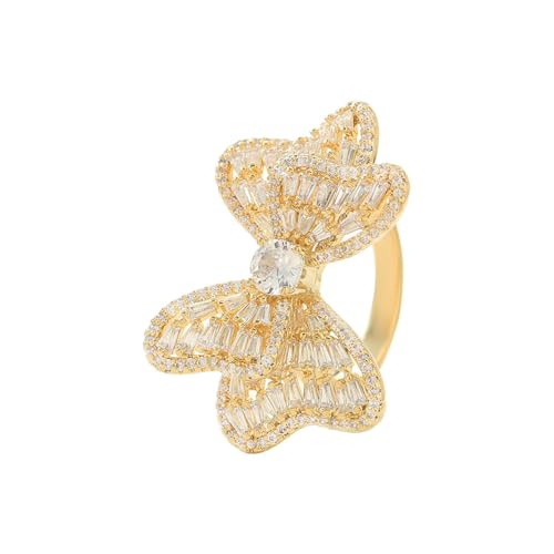Luxury Rhinestone Bowknot Open Ring For Women Gold Silver Plated Adjustable Sparkly CZ Crystal Butterfly Finger Band Statement Bow Tie Ribbon Rings Fashion Shiny Wedding Promise Cocktail Jewelry For Her Gifts - color: Gold