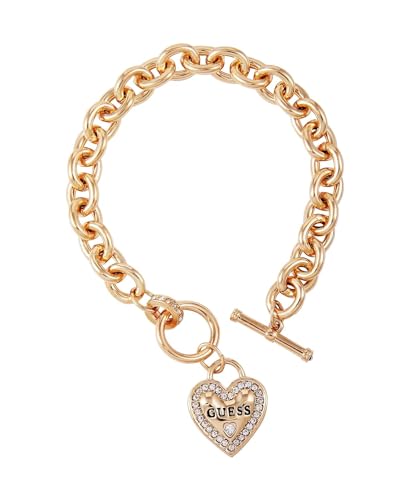 GUESS Goldtone Dangle Logo Heart Charm Chain Toggle Bracelet