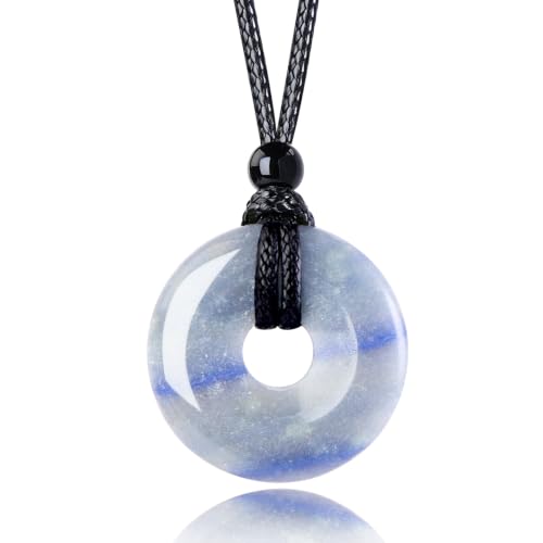 Anjiucc Natural Gemstone Pendant Necklce Lucky Coin Crystal Necklace Donut Pendnat with Adjustable Rope Healing Crystal for Men - color: Blue Aventurine