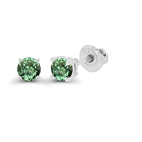14K Gold Plated 925 Sterling Silver Hypoallergenic 4mm Round Genuine Birthstone Solitaire Screwback Stud Earrings - color: Green Sapphire Created