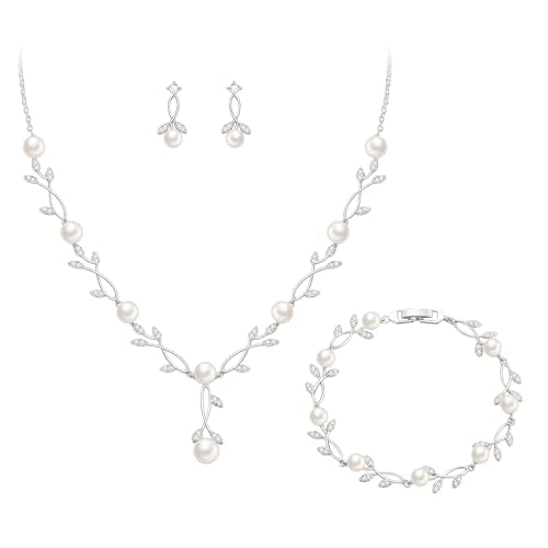 Crysdue Wedding Jewelry Set for Brides Bridesmaid, Cubic Zirconia Teardrop Marquise Leaf Cluster Pendant Necklace Bridal Tennis Bracelet Drop Earrings for Women Party Prom - style: B- Pearl set- silver