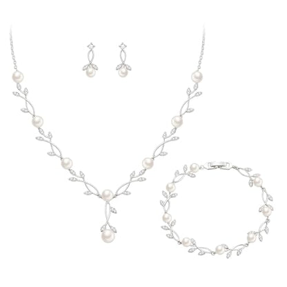 Crysdue Wedding Jewelry Set for Brides Bridesmaid, Cubic Zirconia Teardrop Marquise Leaf Cluster Pendant Necklace Bridal Tennis Bracelet Drop Earrings for Women Party Prom - style: B- Pearl set- silver