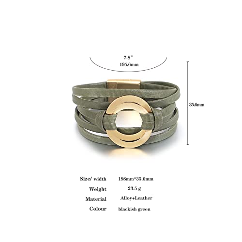 hotoo Circle Charm Bracelets for Women Handmade Leather Wrap Bracelets for Couples Friendship Bracelet Bohemian Cuff Bangle Boho Jewelry Gift - color: Dark Green