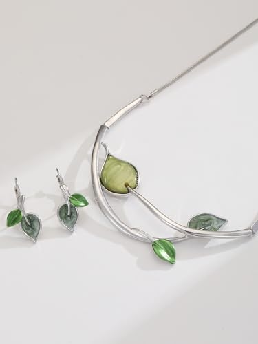 Chunky Statement Jewelry Set Vintage Retro Leaf Flower Floral Geometric Bohemian Boho Bib Necklace Earring Set Fashion Costume Jewelry for Women Girls Wedding Party Prom Unique Gift - style: 3 leaves jewelry set-green